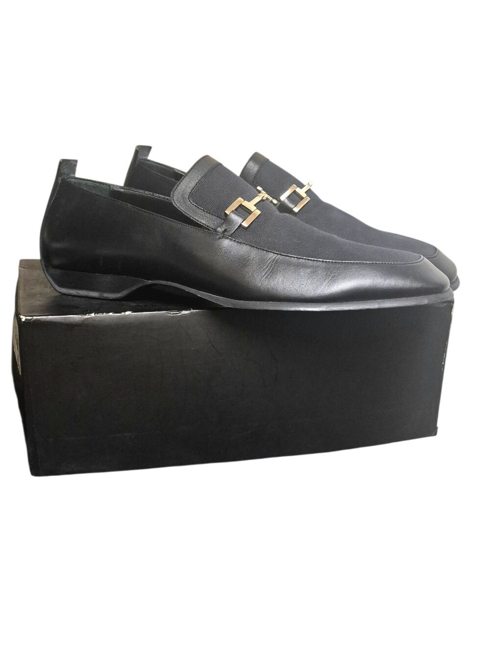 Vintage Men's Gucci Black Leather & Fabric Slip-On Loafers with Gold Horsebit